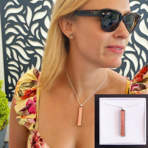 fistral pendant earrings wearing rose pink inset