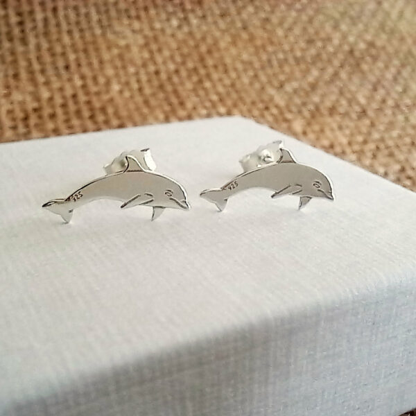 dolphin sterling silver stud earrings on box